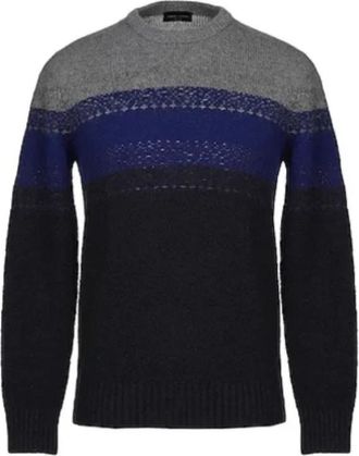 Roberto Collina Grijs Blauw Color Block Trui - Heren - Ronde hals truien - Veelkleurig - M - Katoen - Truien & Vesten