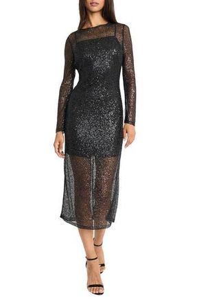 Donna Morgan Sequin Long Sleeve Midi Dress in Black at Nordstrom Rack, Size 10