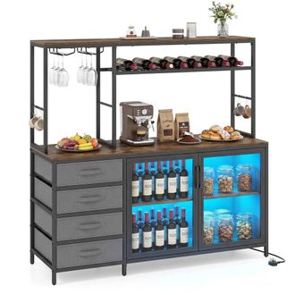 Costway Costway Coffee Bar Cabinet Liquor Storage Cabinet w/Charging Station&LED Light in Brown