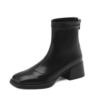 Generic Womens PU Leather Square Toe Ankle Boots Side Zipper Chunky Block Heels Sleek Slip On Structured Stitching Soft Lining Durable Outsole,Black,6.5 UK