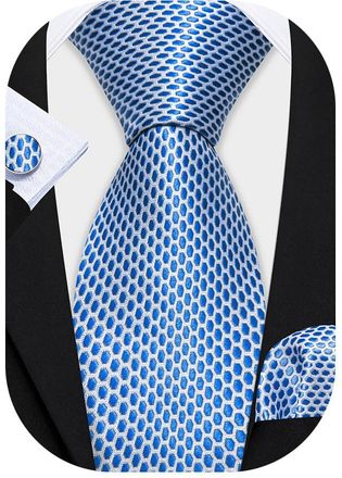 Barry.Wang Baby Blue Tie Set Plaid Necktie Mens Handkerchief Cufflinks Formal Business Wedding