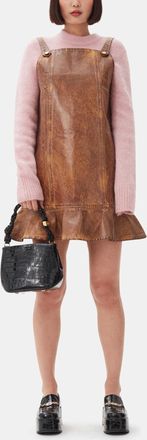 Ganni Brown Foil Denim Mini Dress - Size 34 Organic Cotton