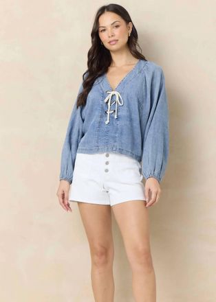 Vintage Havana Tencel Lace-Up Blouse In Washed Denim