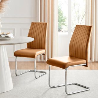 Furniturebox Lorenzo 2x Tan Faux Leather Silver Leg Dining Chair