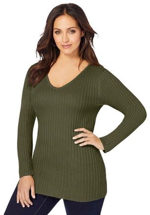 Jessica London V-Neck Ribbed Sweater in Dark Olive Green at Nordstrom, Size Medium