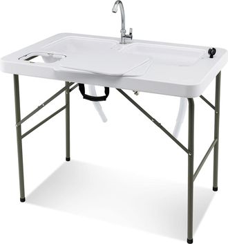 Costway Costway Mesa Plegable Camping, 2 En 1 Mesa+estaci&oacute;n De Limpieza, Grifo Giratorio 360&deg;y 2 Fregaderos Para Pesca, Mesa De Picnic Port&aacute;til Para Camping, 