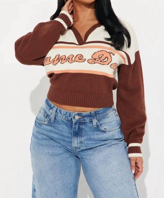 Blue Blush Game Day Drop Shoulder Knitted Polo Sweater In Brown