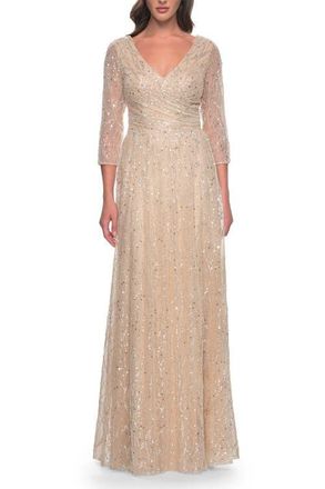 La Femme Beaded Sequin Dress with Ruched Waist and V Neckline in Champagne at Nordstrom, Size 14