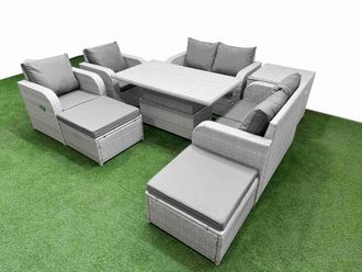 Fimous 8 Seater Outdoor Reclining Chair Love Sofa Set Rattan Garden Furniture Set w/ Adjustable Lifting Dining or Coffee Table 2 Big FootStools Side