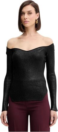 Simona Corsellini Gebreide trui met ribbels - Dames - Ronde hals truien - Zwart - XS - Leer - Truien & Vesten
