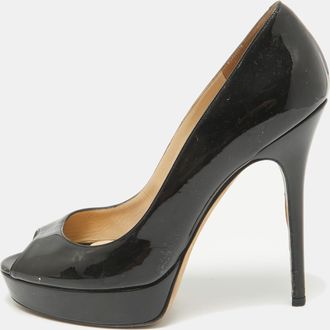 Jimmy Choo London Black Patent Leather Crown Peep Toe Pumps