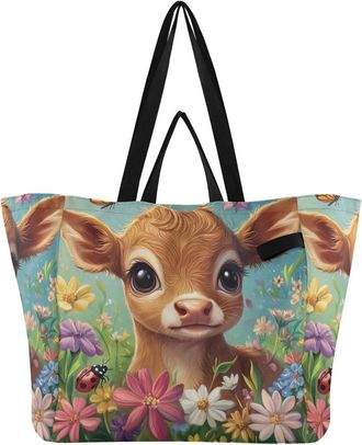 Generic Flowers Deer Brown print Reusable Canvas Tote Bag, Heavy Duty Grocery Shopping Bag with Large Capacity Hard Bottom Double Handles Work Groceries Trave