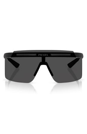 Prada 140mm Rectangular Shield Sunglasses in Matte Black /Dark Grey at Nordstrom