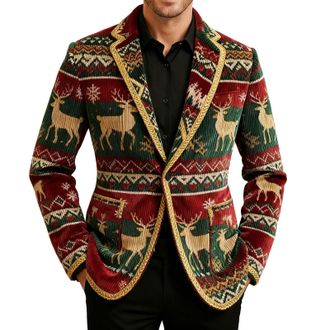 Generic Mens Christmas Blazer Corduroy Jacket Ugly Christmas Blazer Jackets Xmas Festive Costume Slim Fit Single-Breasted Suit Jacket Novelty Xmas Tuxedo Holi