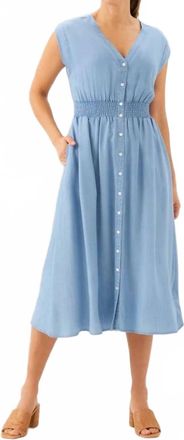 Karen Kane Cap Sleeve Smocked Waist Button-Up Midi Dress In Chambray