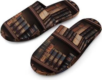 Generic Library Shelves Victorian Old Literary Book Flannel Mens Slip-on Slippers Winter Warm House Shoes with Rubber Sole for Home Hotel