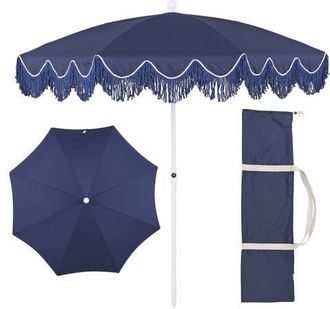 Jonathan Y Designs Mariner 6.5 ft. Classic Cottage Fringe Tassel Market Beach Umbrella with Push Button Tilt in Navy - White Pole at Nordstrom