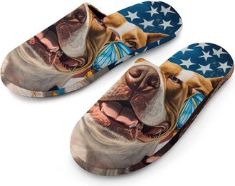 Generic Dog Sunflower Butterfly U.S. Flag Flannel Mens Slip-on Slippers Winter Warm House Shoes with Rubber Sole for Home Hotel