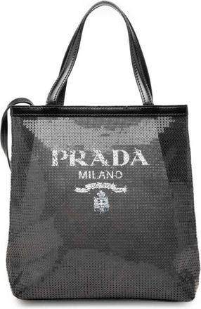 Prada Black Spangles Leather Mesh Handbag Tote Bag (Pre-Owned)