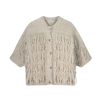 Summum Truien & Vesten, Dames, Beige, M, Fringe Knit Cardigan 3/4 Mouw