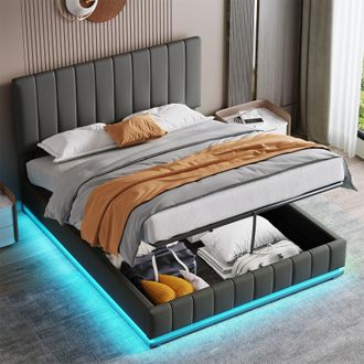Aka 5ft King Ottoman Bed with LED PU Leather Upholstered Hydraulic Storage in Grey | Size: Double