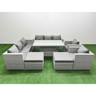 Fimous 7 PCs Rising Dining Table Set Rattan Furniture Set with 3 Seater Sofa Chair 2 Big Footstools Light Grey - Fimous
