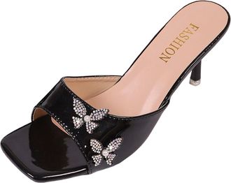 Generic Black Ladies Heeled Sandals with Shiny Leather and Crystal Details for Summer Fall