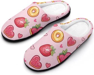 Generic Doughnuts And Strawberries Cotton Womens Slip-on Slippers Winter Warm House Shoes with Rubber Sole for Home Office Hotel