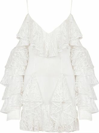 Balmain Vloeiende jurk met kanten ruches - Dames - Feestkleedjes - Wit - 2XS - Leer - Kleedjes