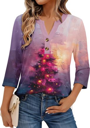 Generic Womens 3/4 Sleeve Christmas Print Henley Blouse, Trendy Fall Fashion Top 2025, Casual & Dressy Shirt (UK, Alpha, M, Regular, Regular, Christmas10)