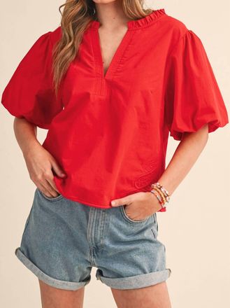 Merci Crush Puff Sleeve Blouse In Cherry Red