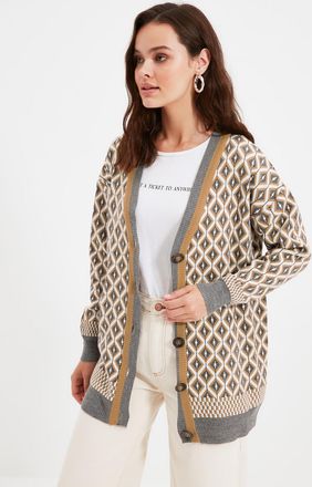 Trendyol Modest Dames Grijs Geometrisch patroon Lang Regular fit Modest Vesten