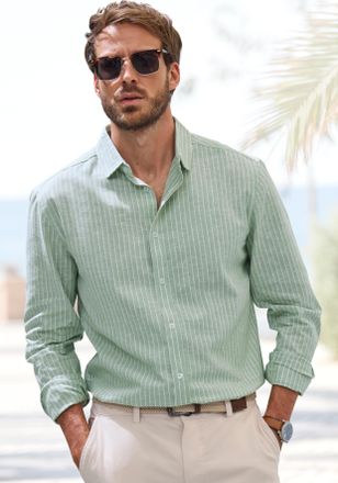 John Devin Langarmhemd JOHN DEVIN in Leinenoptik, Herren, Gr. XXXL (47/48), N-Gr, weiss (gr&uuml;n, wei&szlig;, gestreift), Web, Obermaterial: 100% Baumwolle, gestreift, re