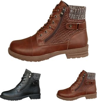 Generic Womens Combat Ankle Boots with Side Zipper Lace up Short Booties Ladies Comfortable Low Heel Round Toe Boots Lug Sole Anti-Slip Walking Hiking Booties