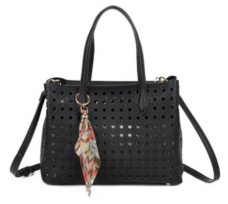 Generic Perforated Tote Bag, Laser Cut Design with Scarf Charm, Shoulder Handbag with Crossbody Strap (Black)