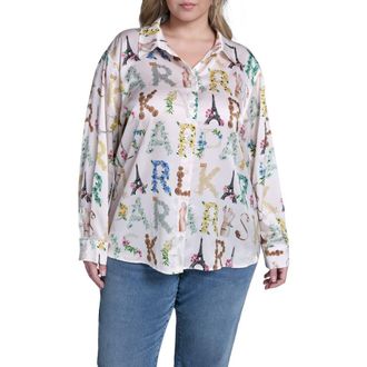 Karl Lagerfeld Logo Print Satin Button-Up Shirt in Bisque/Panna Cotta Multi at Nordstrom, Size 1X