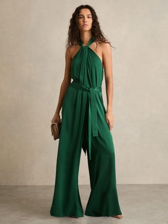 Reiss Green Satin Wide-leg Draped Jumpsuit, 12