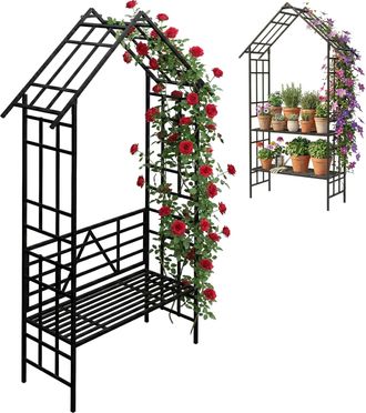 Relaxdays Relaxdays Arco Para Rosas Con Banco O Estante Para Plantas, Jard&iacute;n/entrada, 247 X 150 X 43 Cm, Hierro, Negro
