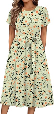 Generic Women Dress Casual Plus Size Party Dresses for Women Dresses for Female UK Casual Crew Neck Floral Print Petal Short Sleeve Tied Midi Dress with Pocke