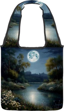 Generic Bushes under Moonlight Reversible Canvas Shoulder Tote - Double-Sided Print, 12oz Cotton, 27cm Drop, Fold-Flat Bag for Travel, Shopping, Street Outing