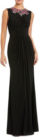 Mac Duggal Jersey Twist Gown With Beaded Shoulders in Black Multi at Nordstrom, Size 14