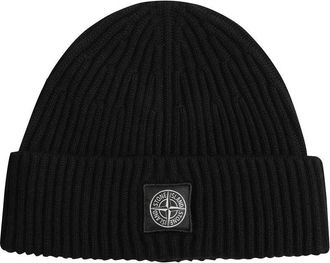 Stone Island Ribbed Black Beanie With Folded Cuff