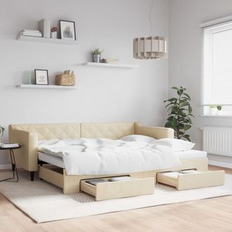 vidaXL Sof&aacute; Cama Nido Con Cajones Tela Color Crema 90x200 Cm Vidaxl