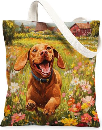 Generic Spring Vizsla Dog Canvas Tote Bag for Shopping 13x15, Country Garden Puppy Reusable Grocery Print Pattern Bag for Women, Fun Flower Pet Beach Aestheti