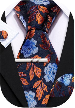 Barry.Wang Mens Ties Set Silk Floral Paisley Necktie Pocket Square Cufflinks Clip 4PCS Set Business Wedding Party Work for Men Tie