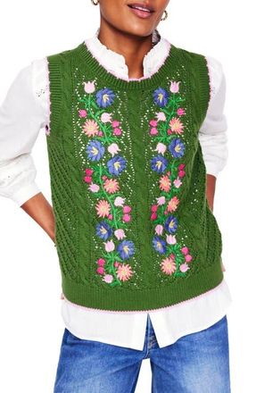 Boden Floral Embroidered Cotton Sweater Vest in Iguana Green at Nordstrom, Size Small