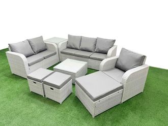 Fimous Patio PE Wicker 9 Seater Outdoor Rattan Furniture Sofa Sets w/ Square Coffee Table Reclining Chair Loveseat Sofa 3 Seater Sofa Stool Side