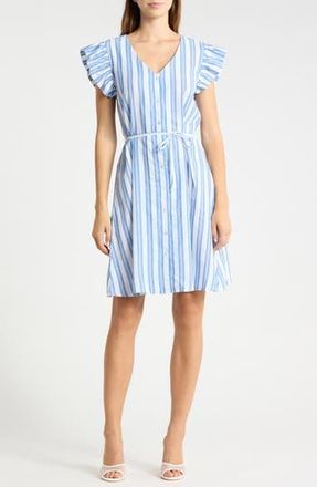 Ichi Striped Tie Waist Cotton Dress in Palace Blue Stripe at Nordstrom Rack, Size 10 Us / 42 Eu