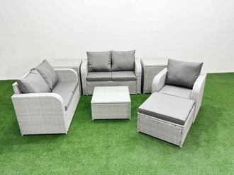 Fimous High Back Poly Rattan Garden Furniture Set w/ Reclining Chair Loveseat Sofa Square Coffee Table Indoor Outdoor Patio Set Big Stool 2 Side