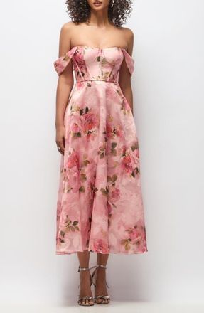 The Dessy Group Edie Floral Jacquard Cocktail Midi Dress in Guava Floral Print at Nordstrom, Size 18